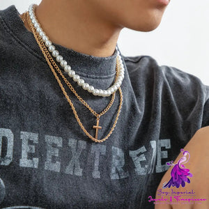 Pearl Cross Necklace Men’s Three-layer Twin Men