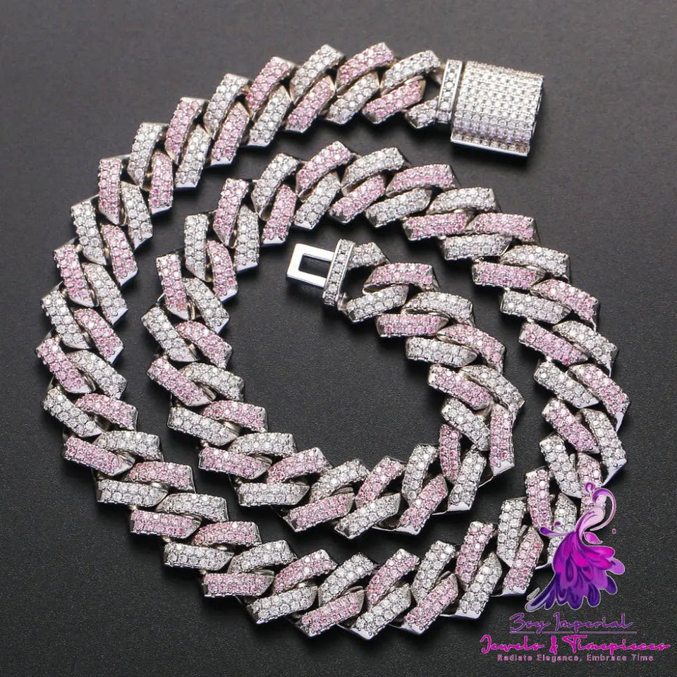 Men’s Hip Hop Personality Cuban Necklace Pink Zircon