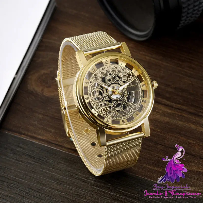 Transparent Cutout Roman Men’s Mesh Quartz Watch