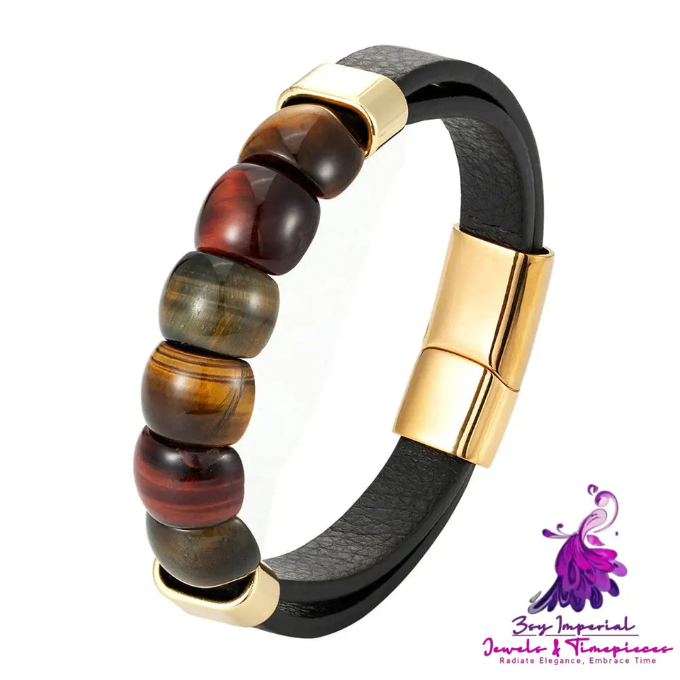 Multi Layer Leather Bracelet Tiger Eye Stone