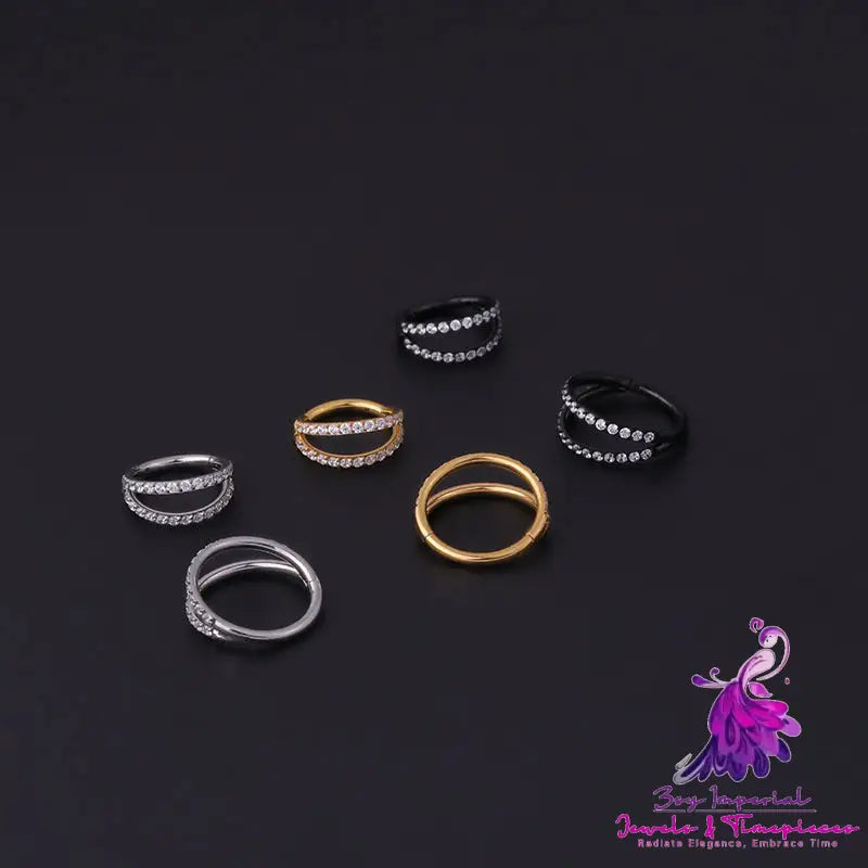 Stainless Steel Double Row Carved Zircon Seamless Nose Ring