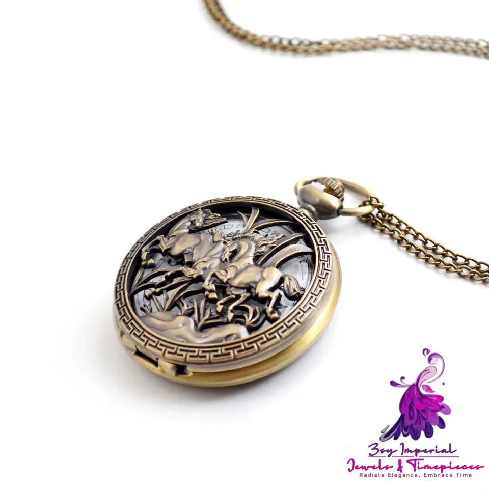 Three Horses Skeleton Men’s Pocket Watch