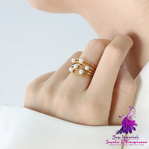 Vintage Ripple Wave Pearl Ring Titanium Steel Gilding