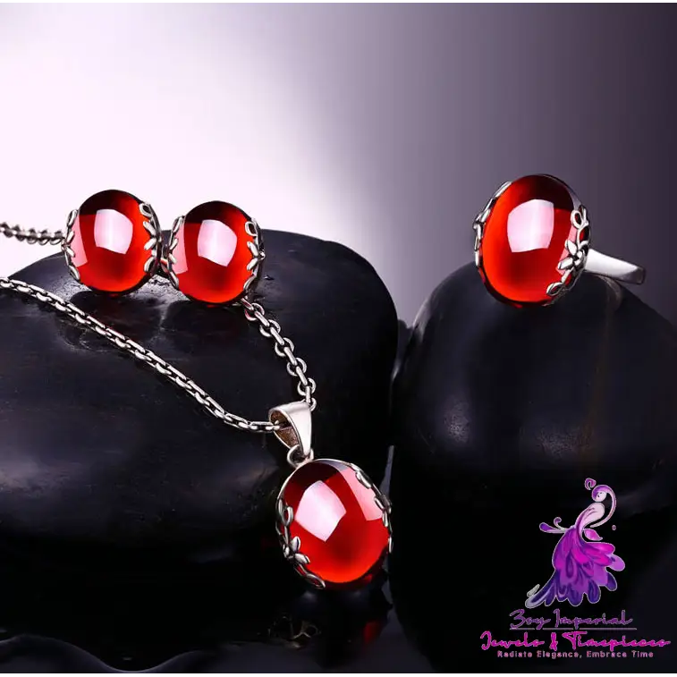 Retro Red Zircon Silver Jewelry Set