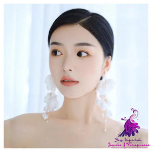 Fashion White Small Flower Tassel Wedding Dress Earrings